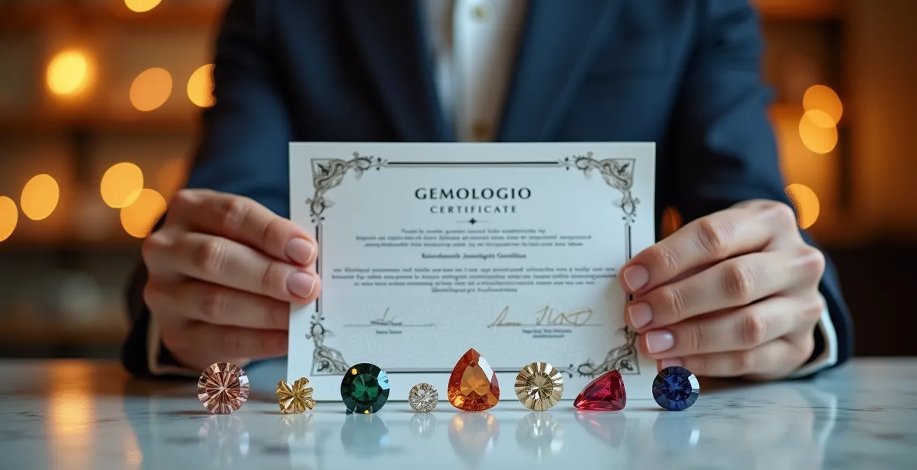 Mains tenant un certificat gemmologique avec pierres précieuses en arrière-plan