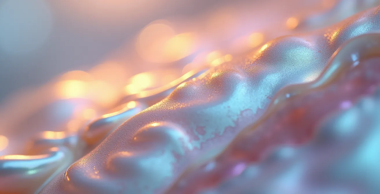 Vue macro de la surface nacrée d'une perle de culture révélant sa qualité