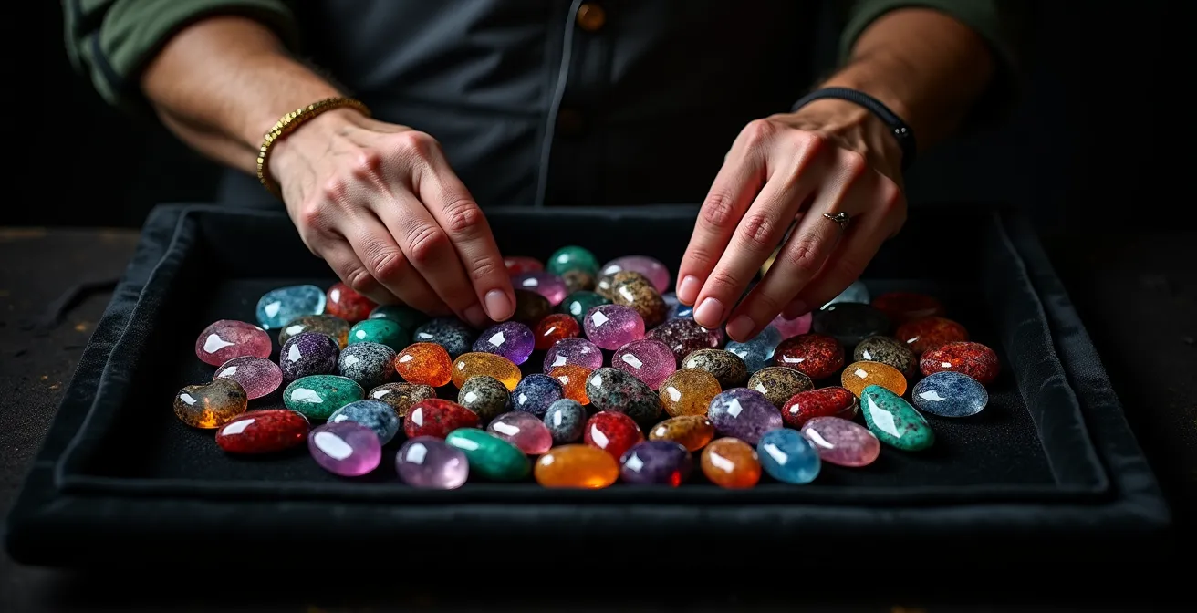 Mains d'artisan sélectionnant des pierres colorées sur plateau de velours