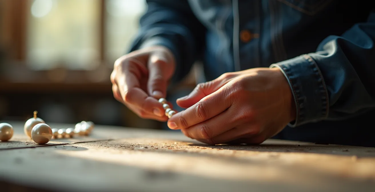 Gros plan sur les mains d'un artisan vérifiant la qualité d'un rang de perles